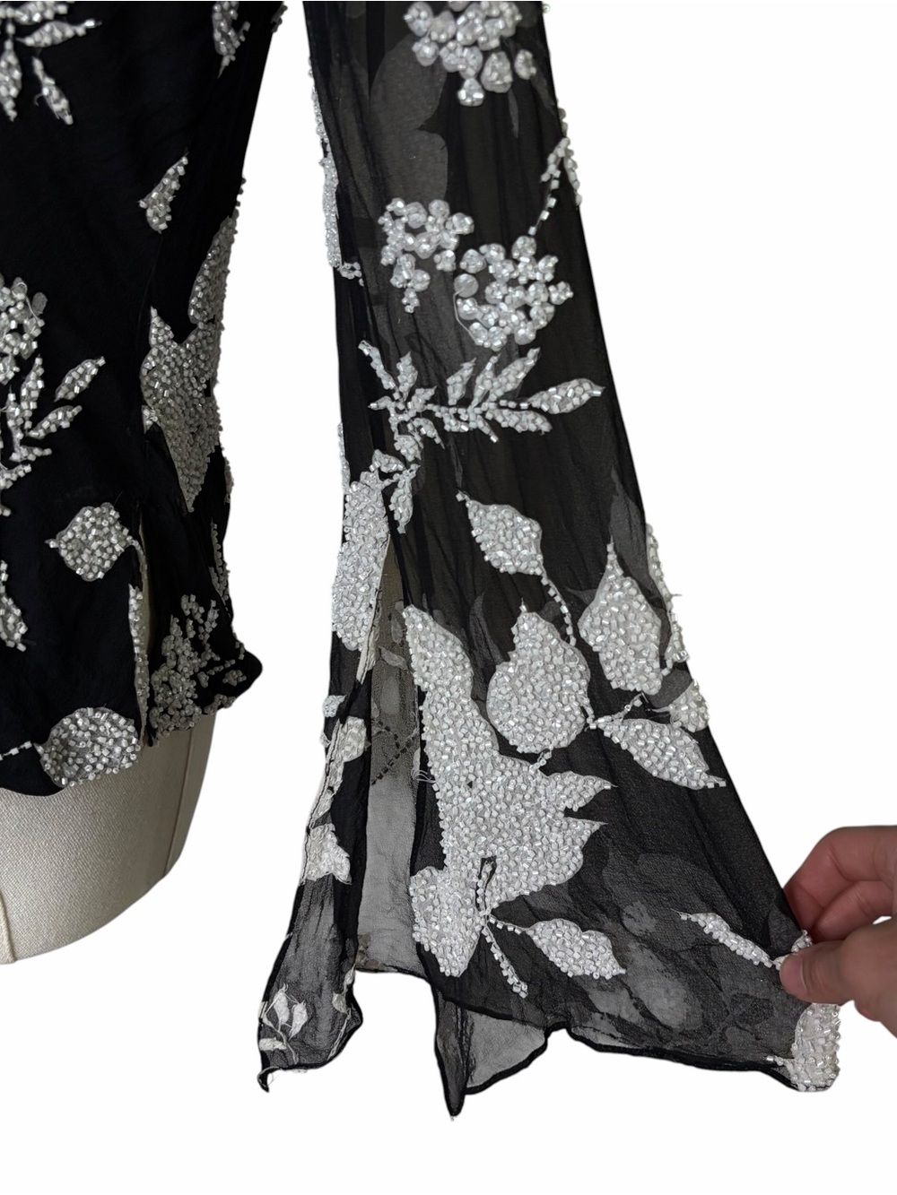 Carmen Marc Valvo 100% silk Black Beaded Floral Cowl Neck Shirt Blouse - Picture 5 of 7
